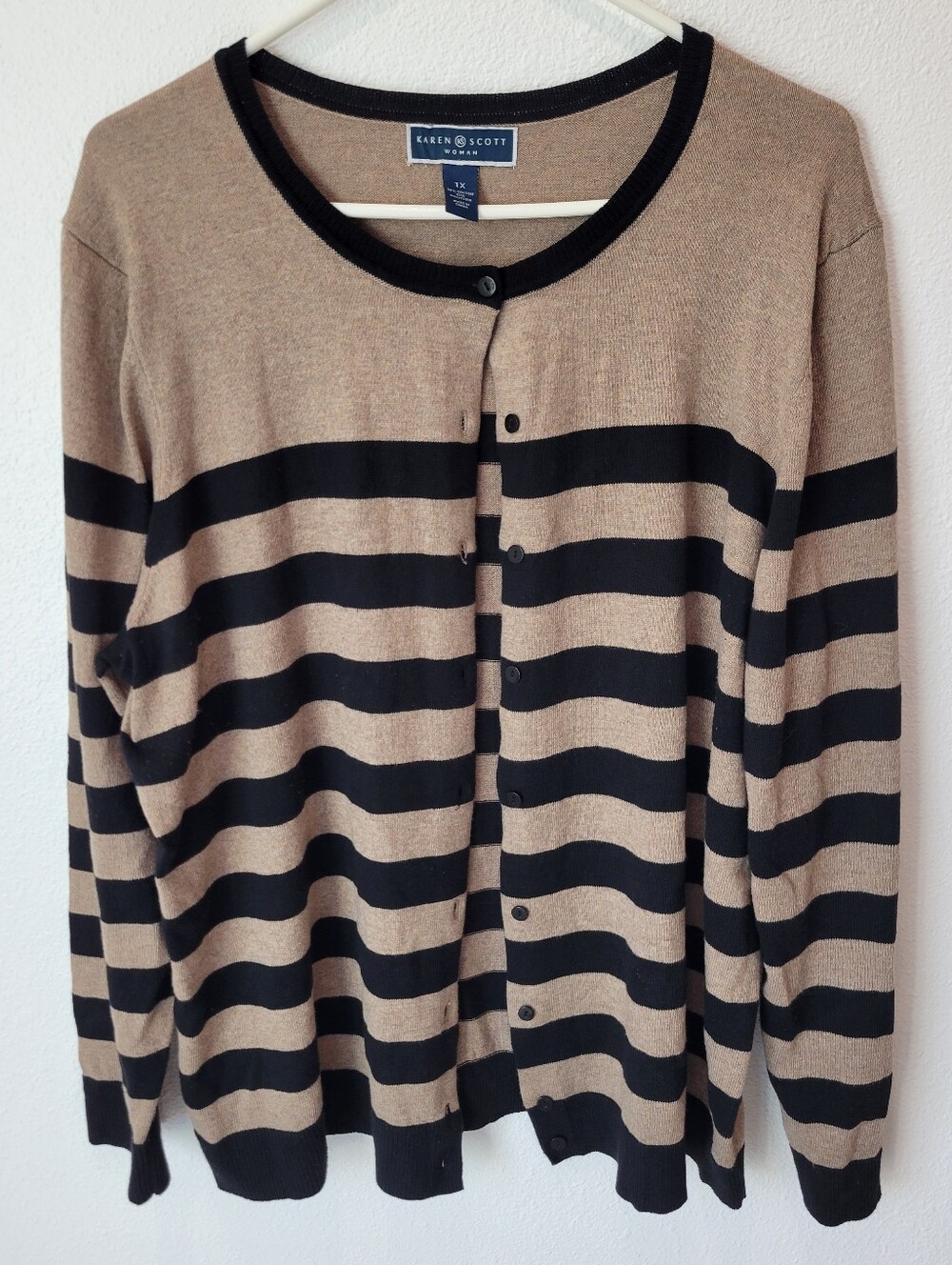 Karen Scott Woman 1X Black Tan Striped Button‎ Cardigan Business Casual